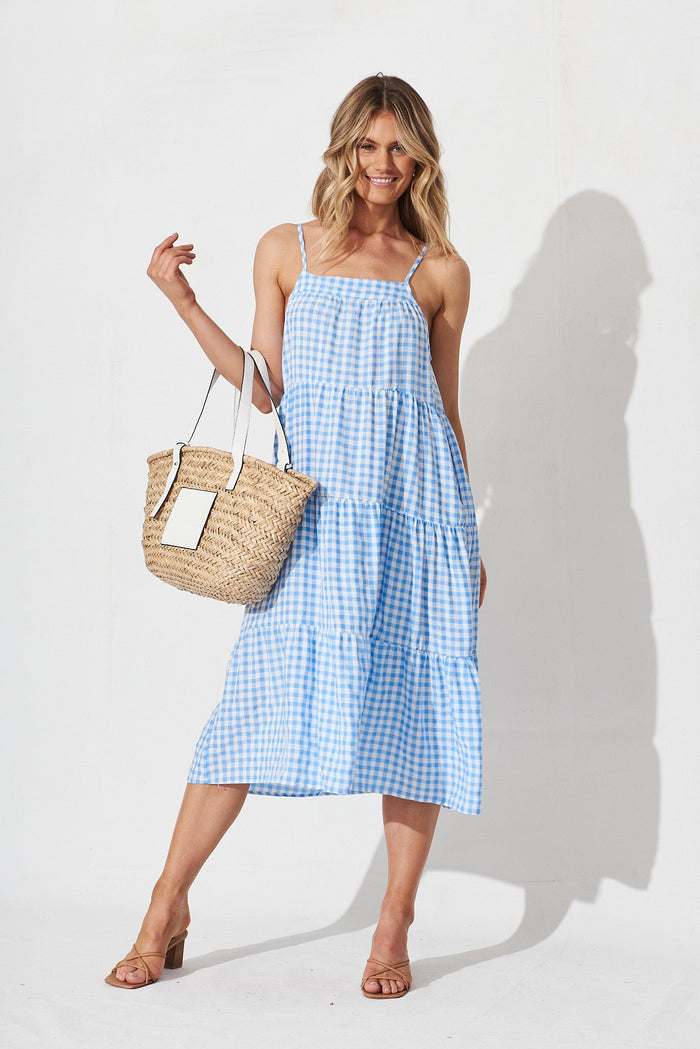 Perry Sun Midi Dress In Blue With White Gingham - full length