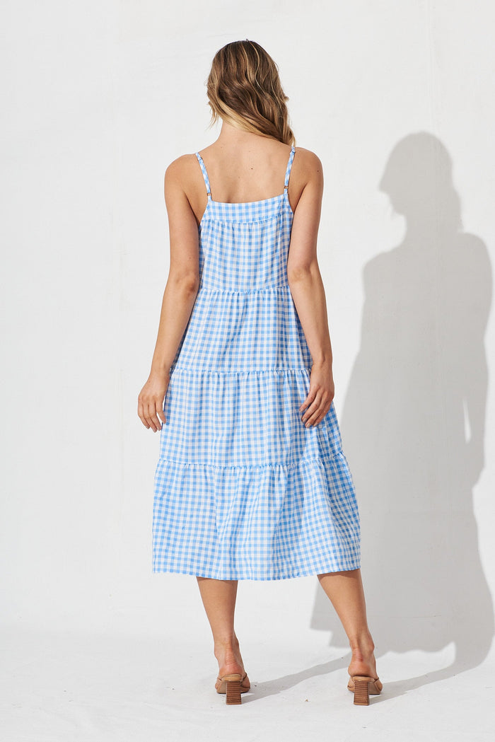 Perry Sun Midi Dress In Blue With White Gingham - back