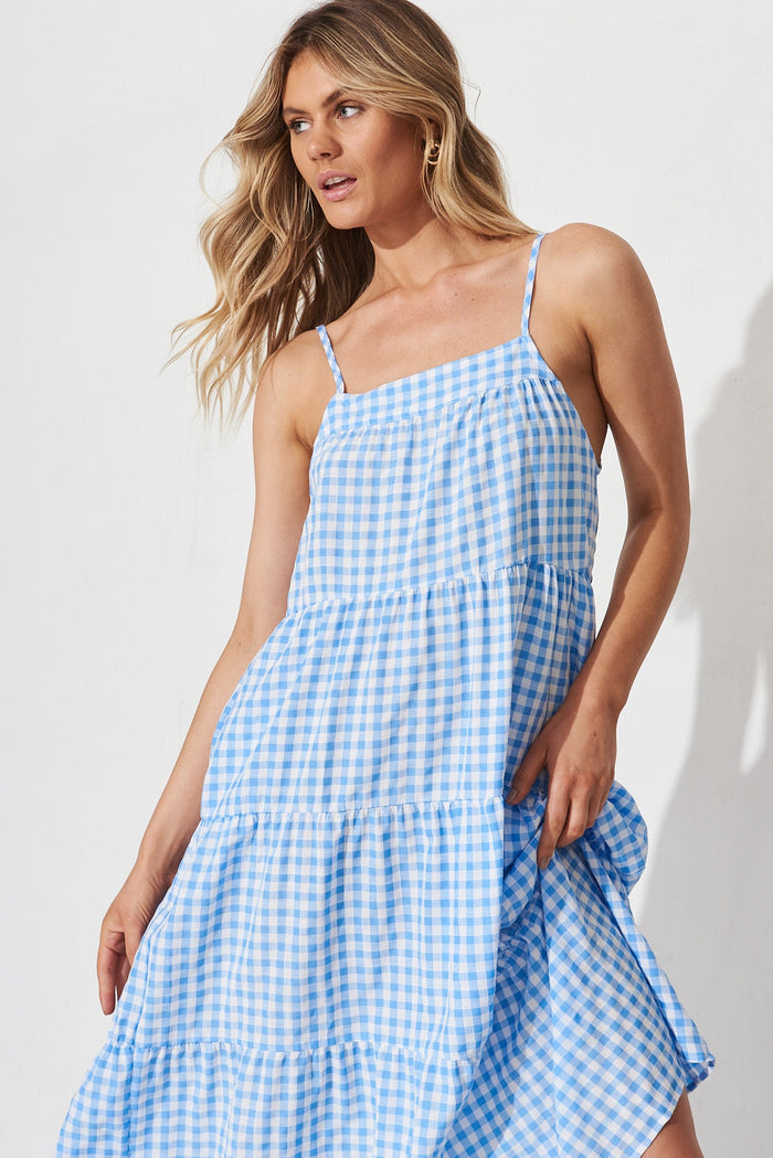 Perry Sun Midi Dress In Blue With White Gingham - front