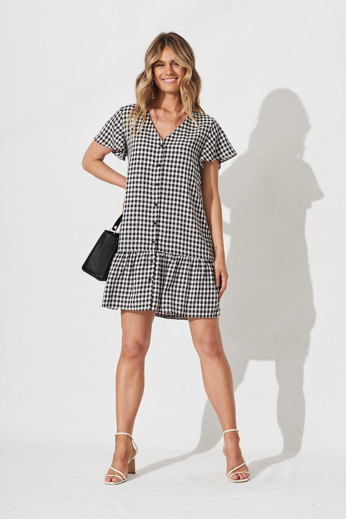 Giselle Smock Dress In Black And White Gingham - full length