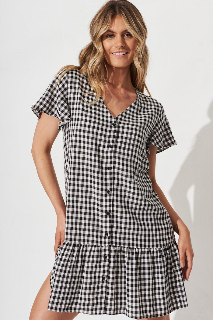 Giselle Smock Dress In Black And White Gingham - front