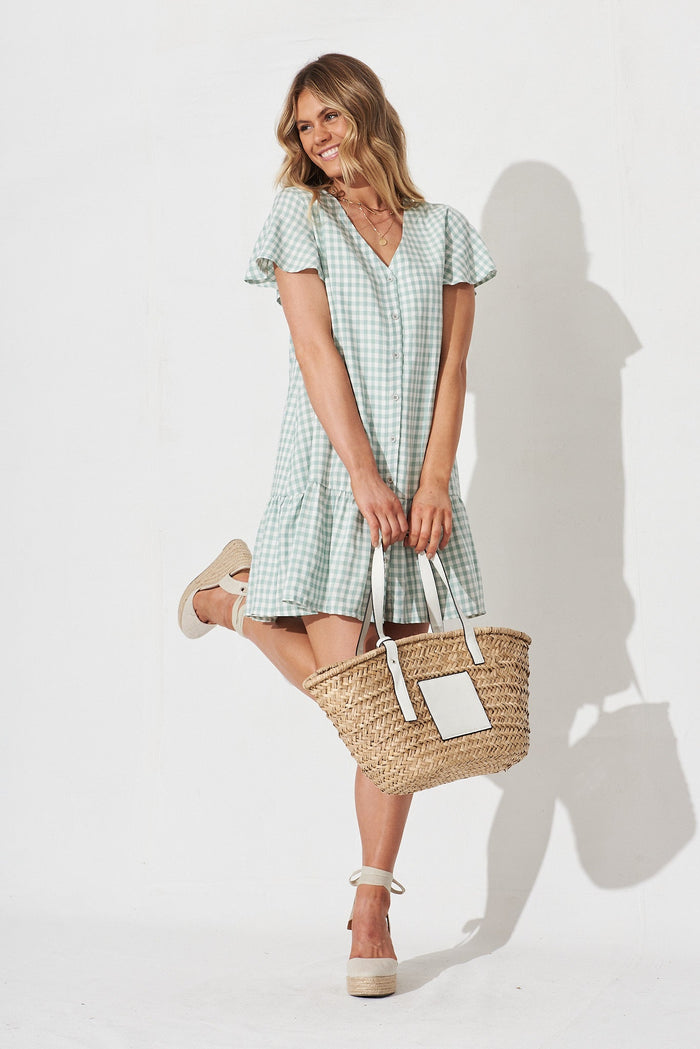 Giselle Smock Dress In Green And White Gingham - full length