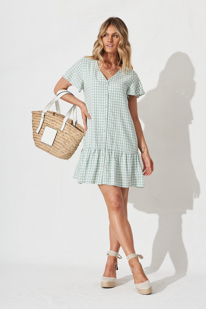 Giselle Smock Dress In Green And White Gingham - full length
