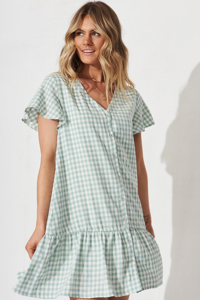 Giselle Smock Dress In Green And White Gingham - front