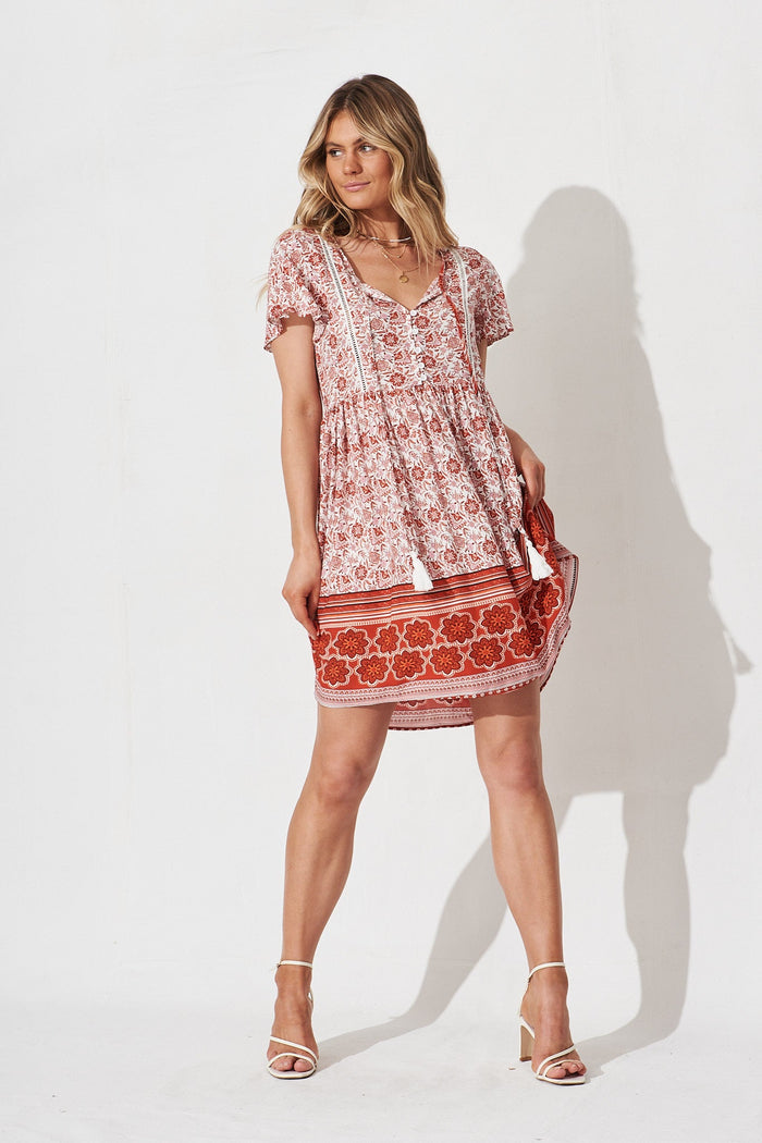 Shake It Out Dress In White With Red Boho Floral - full length