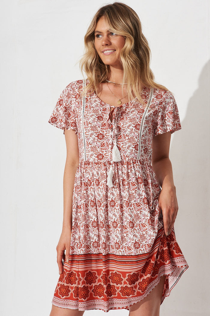 Shake It Out Dress In White With Red Boho Floral - front