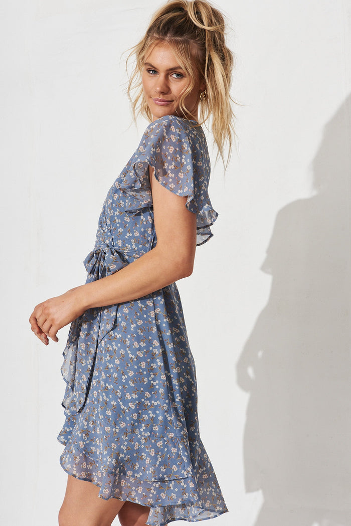 Nalia Dress In Blue With Pink Ditsy Floral - side