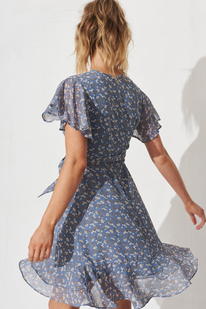 Nalia Dress In Blue With Pink Ditsy Floral - back