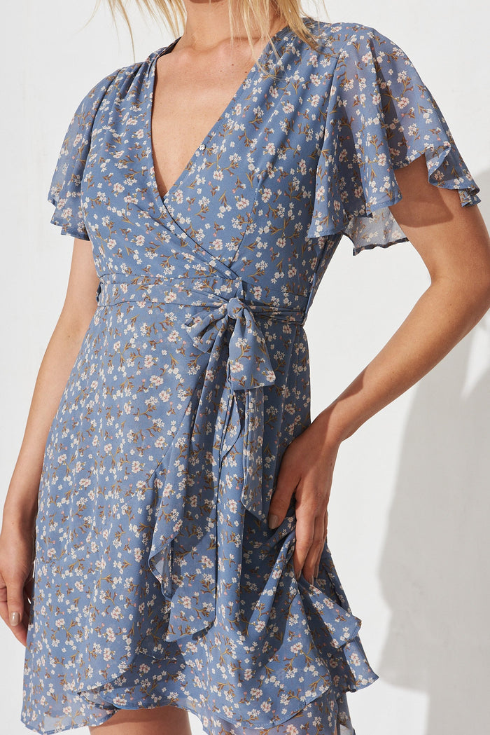 Nalia Dress In Blue With Pink Ditsy Floral - detail