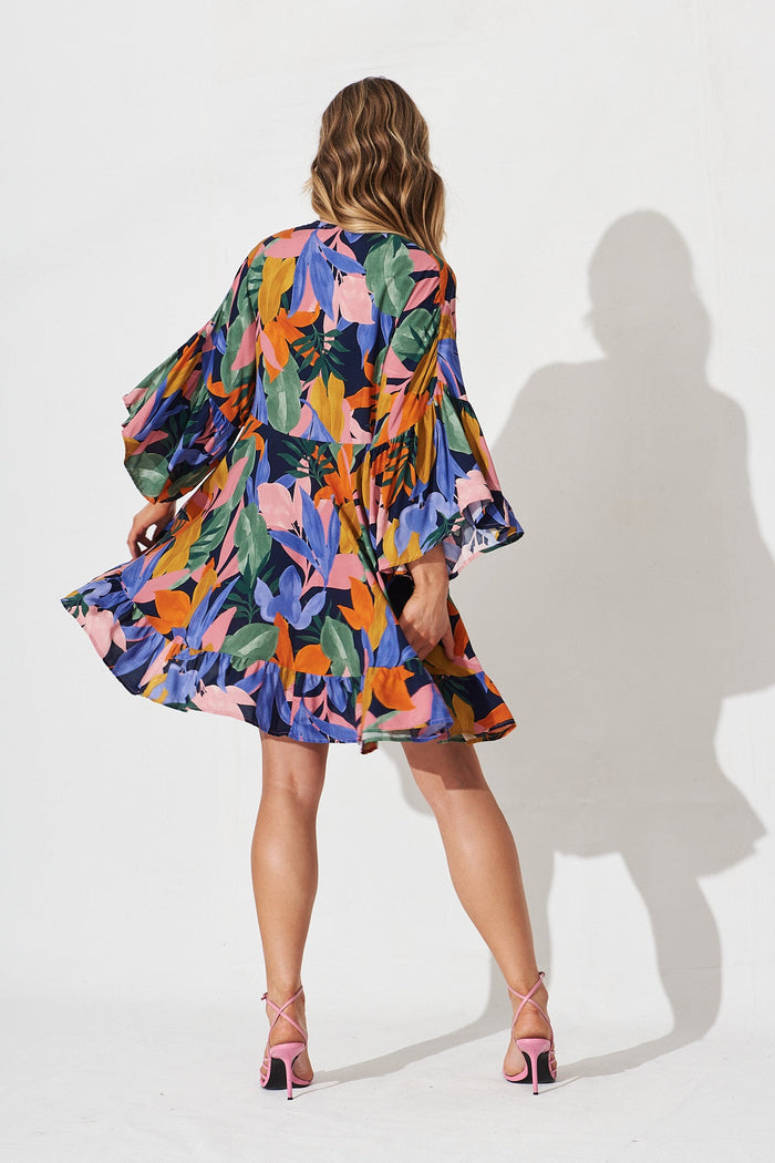 Skylar Dress In Navy Multi Leaf Print - back