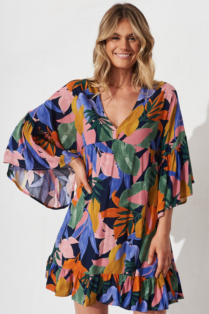Skylar Dress In Navy Multi Leaf Print - front