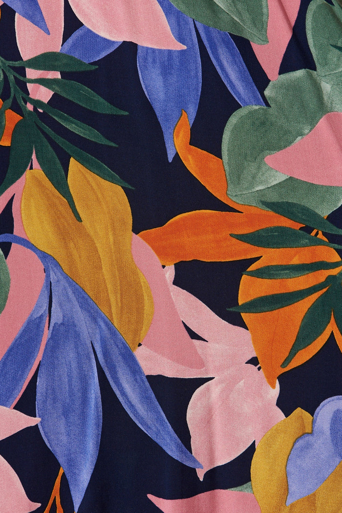 Skylar Dress In Navy Multi Leaf Print - fabric