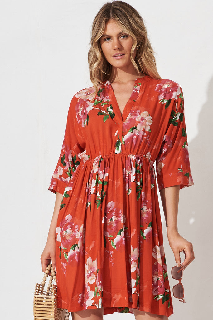Mia Dress In Red And Pink Floral - front