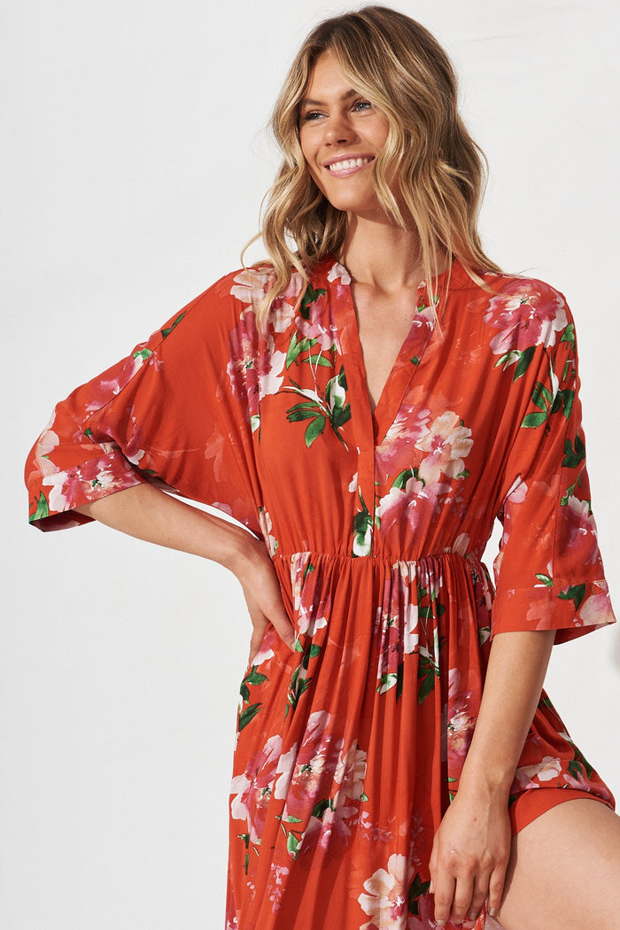 Mia Dress In Red And Pink Floral - front
