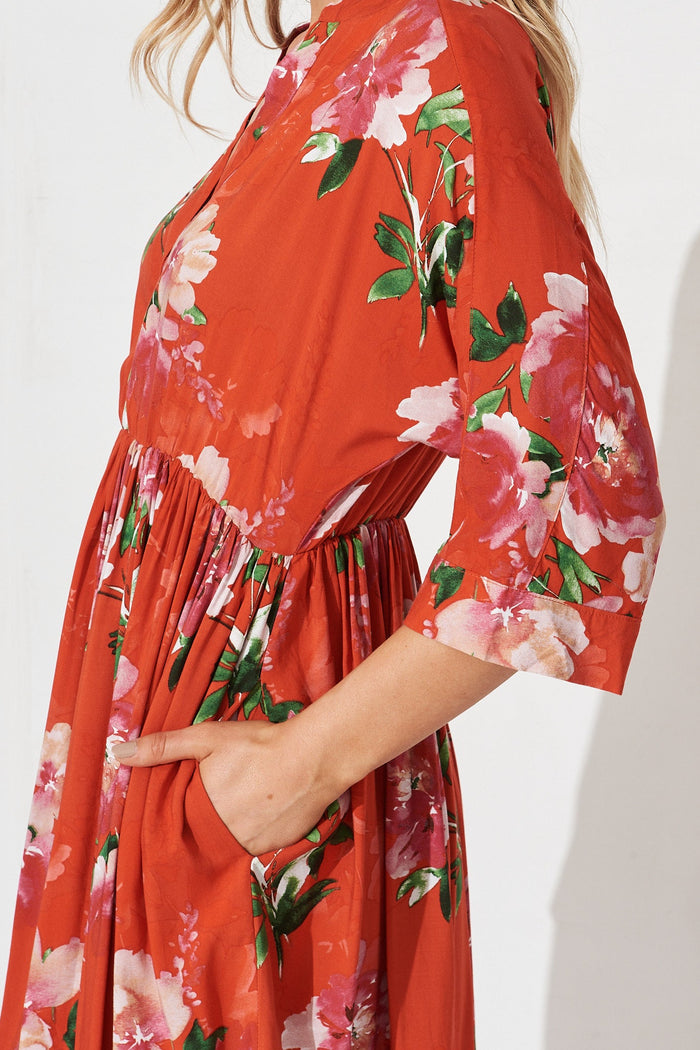 Mia Dress In Red And Pink Floral - detail