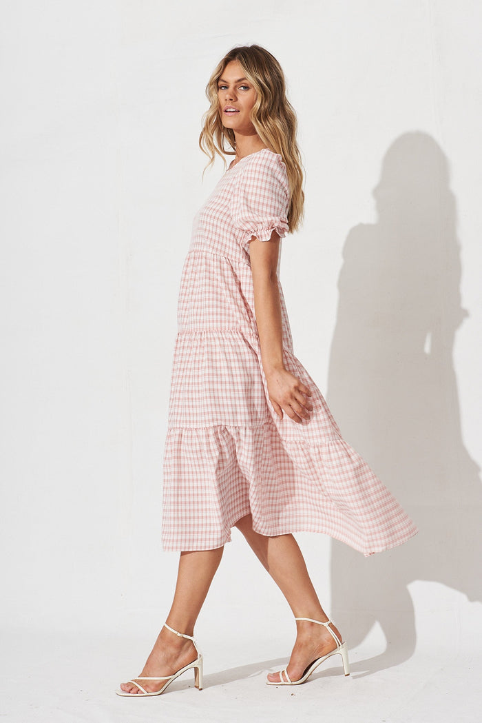 Nevi Tiered Midi Dress In Blush Gingham - side
