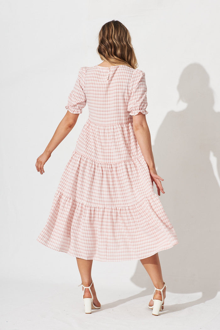 Nevi Tiered Midi Dress In Blush Gingham - back