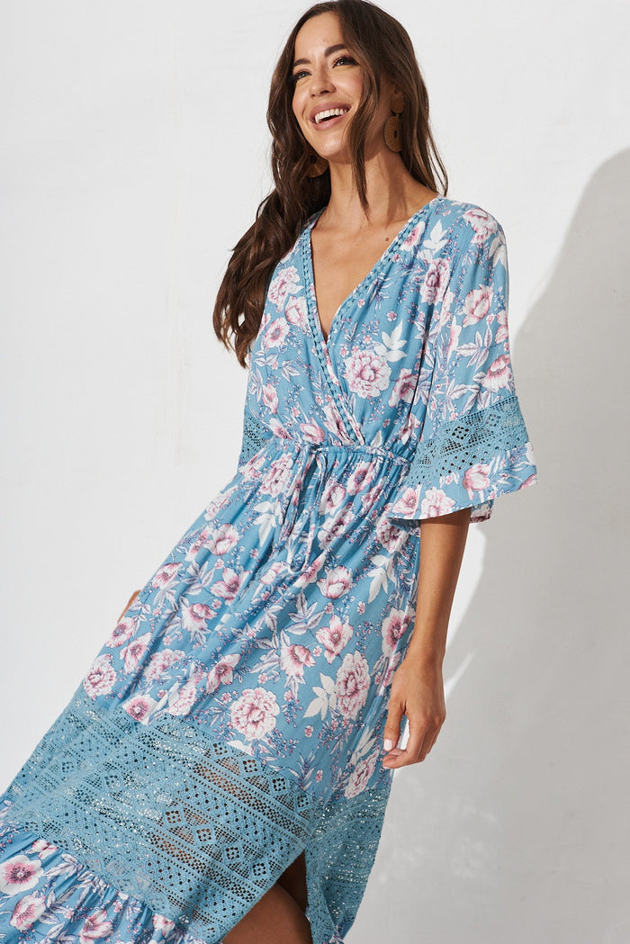 Roxy Maxi Dress In Blue Floral - front