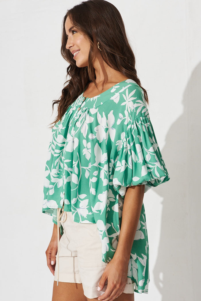 Hilee Top In White With Green Floral - side