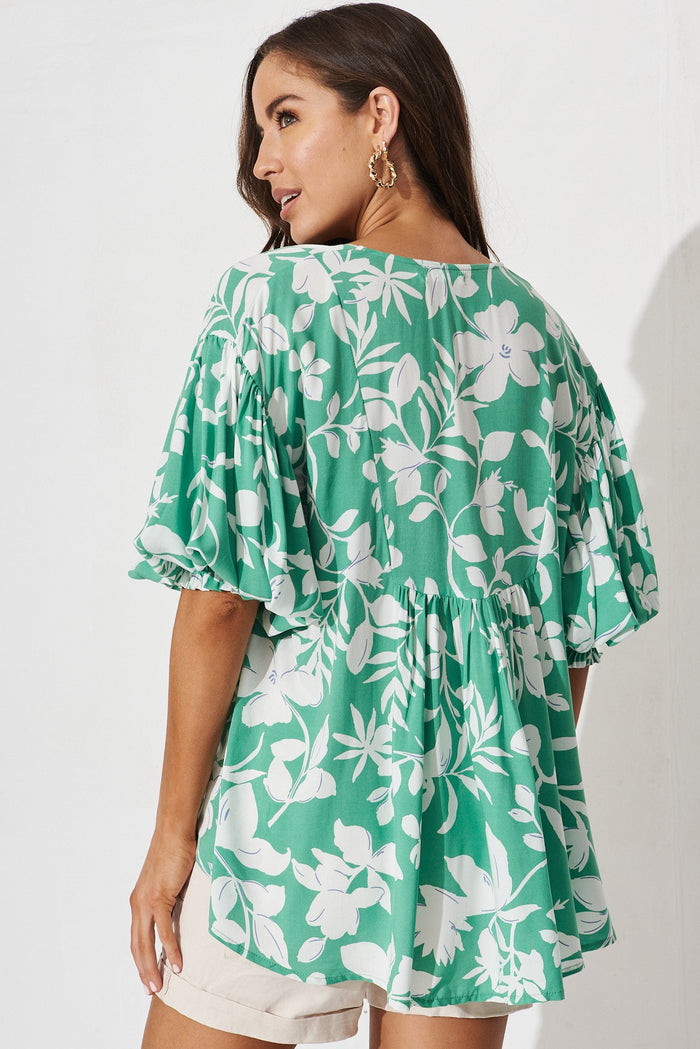 Hilee Top In White With Green Floral - back