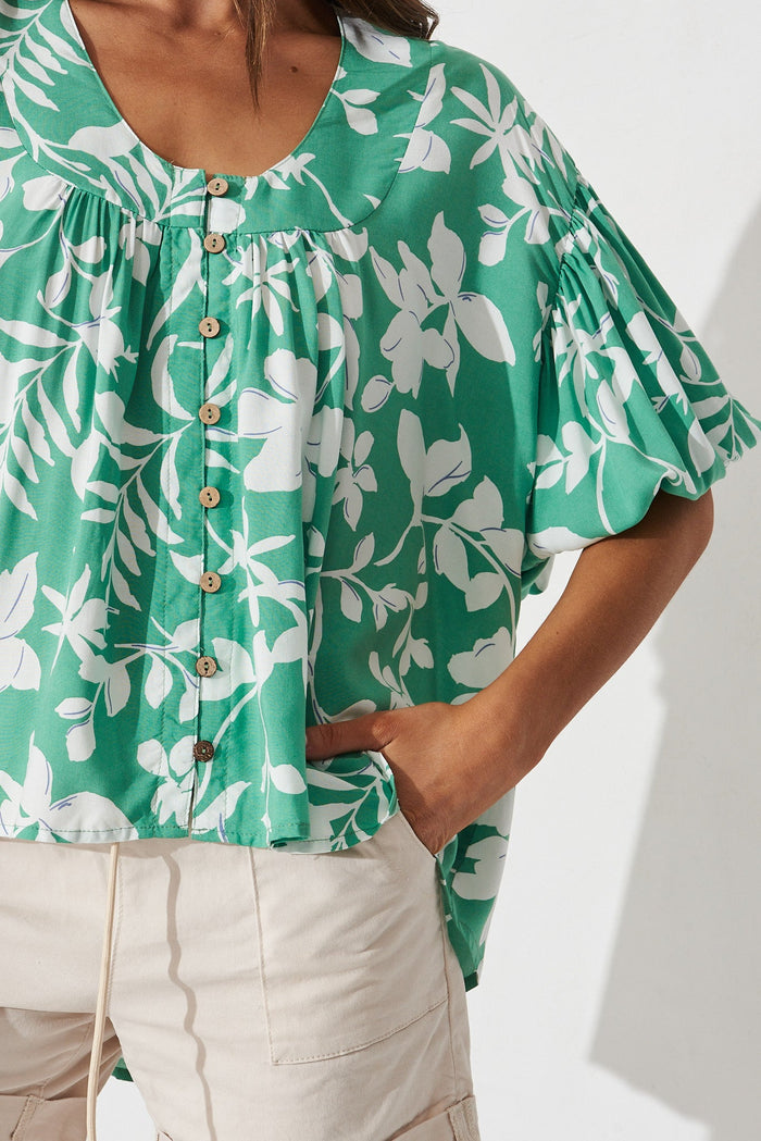 Hilee Top In White With Green Floral - detail