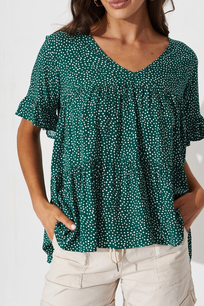 Priya Smock Top In Green With White Spot - detail