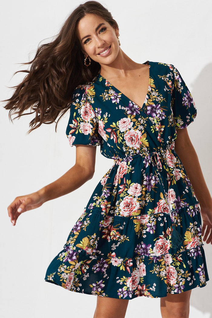 Kirby Dress In Teal Floral - front