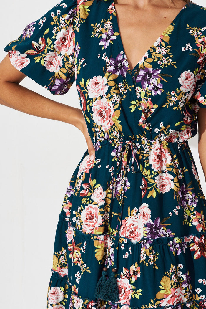 Kirby Dress In Teal Floral - detail