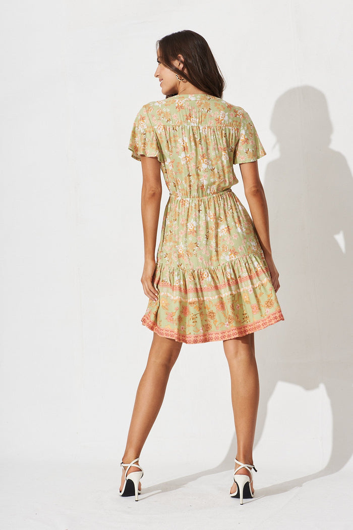 Jainey Dress In Khaki With Pink Boho Floral - back
