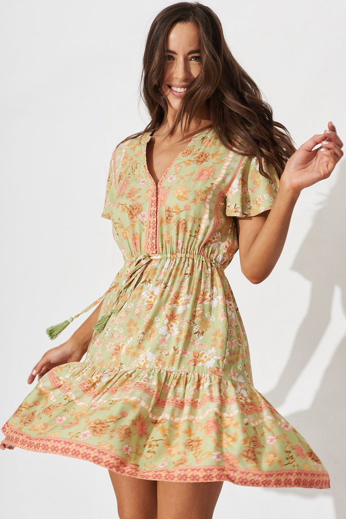 Jainey Dress In Khaki With Pink Boho Floral - front