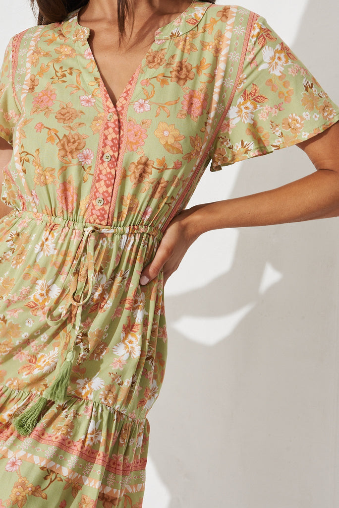 Jainey Dress In Khaki With Pink Boho Floral - detail