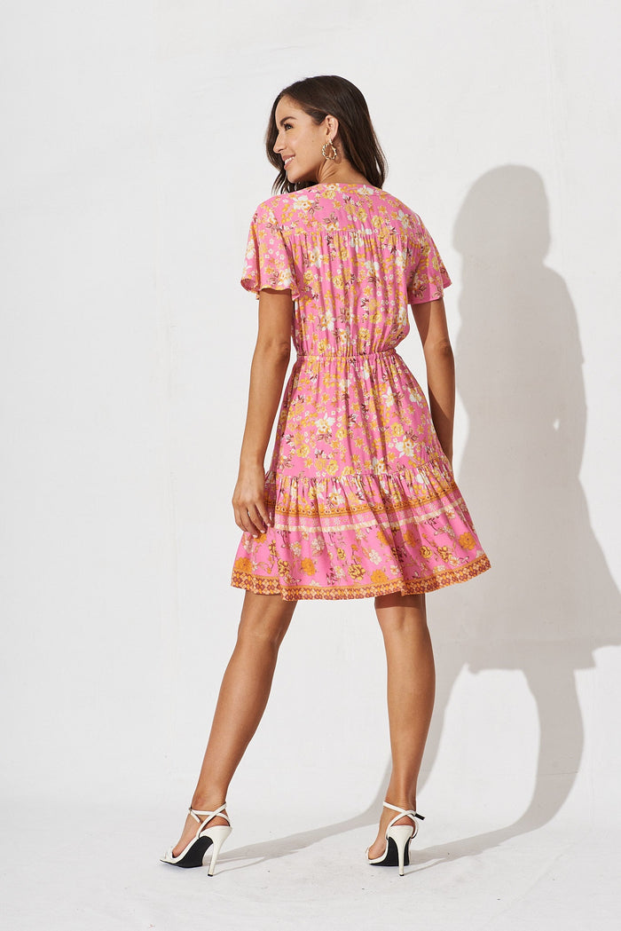Jainey Dress In Pink With Rust Boho Floral - back