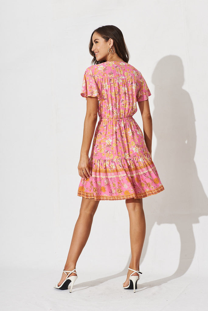 Jainey Dress In Pink With Rust Boho Floral - back