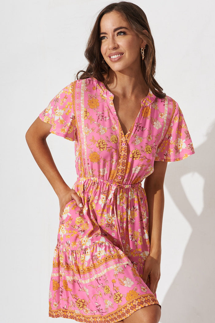 Jainey Dress In Pink With Rust Boho Floral - front