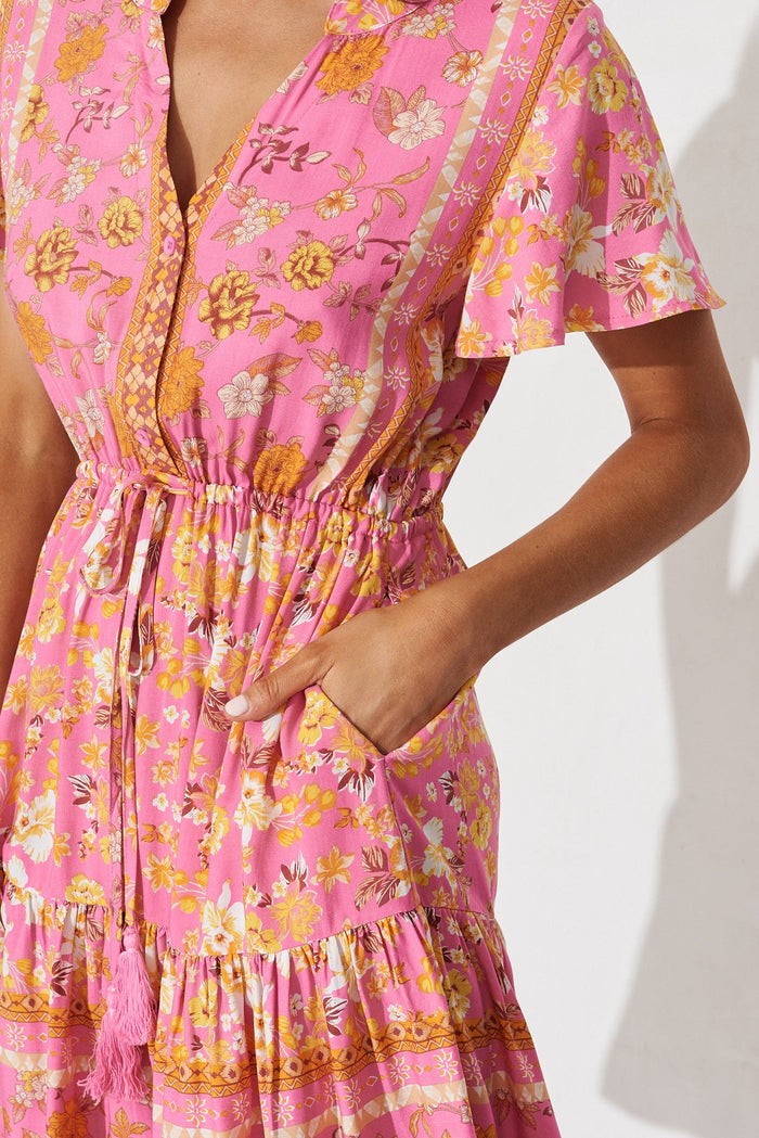 Jainey Dress In Pink With Rust Boho Floral - detail 