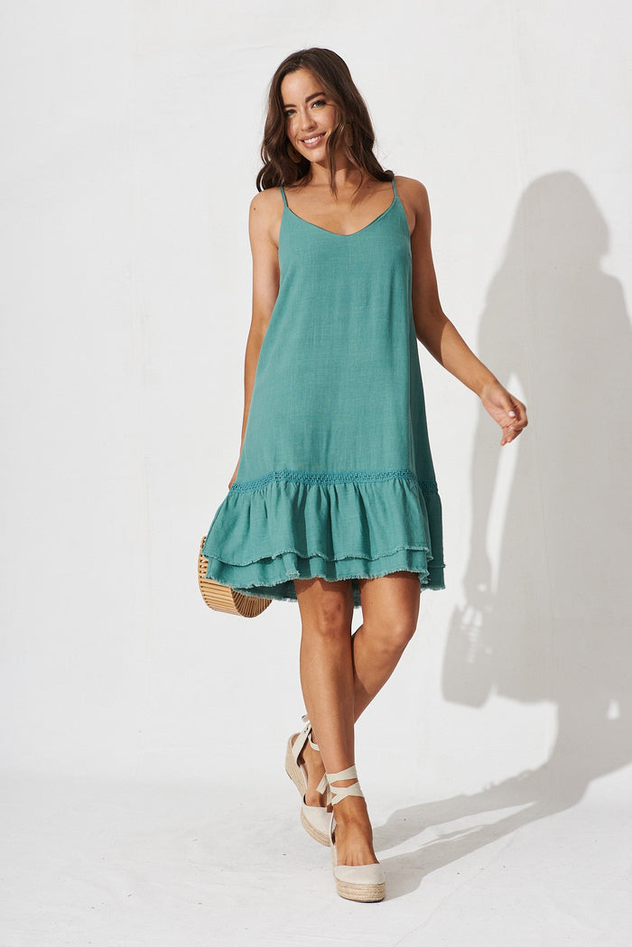Eris Sun Dress In Green With Lace Detail - full length
