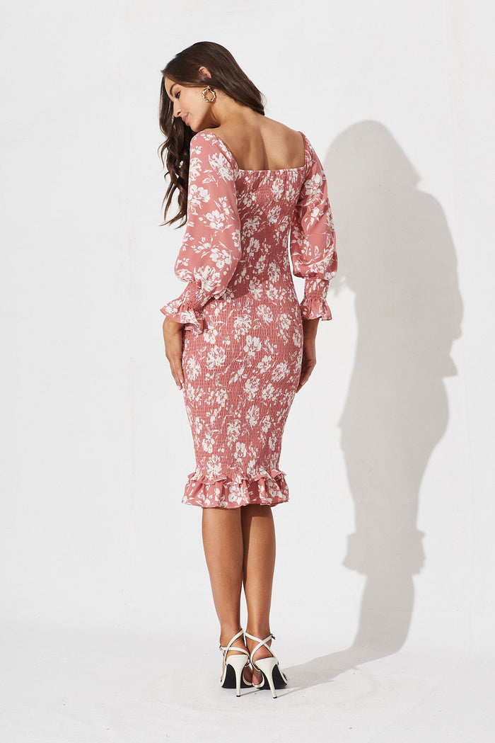 Skyline Shirred Midi Dress In Pink With White Floral - St Frock (Dev)