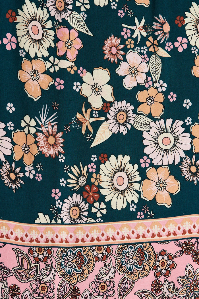 Shake It Out Dress In Teal With Orange Boho Print - fabric