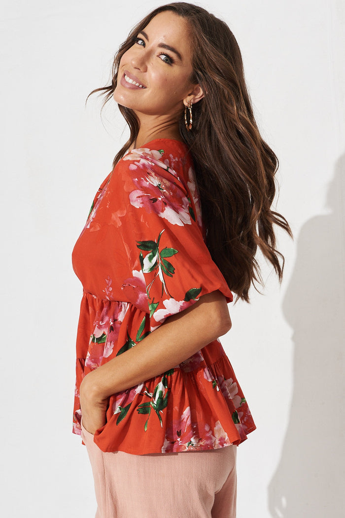 Ellen Top In Red And Pink Floral - side