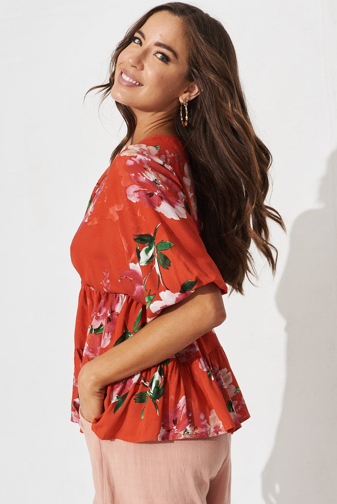 Ellen Top In Red And Pink Floral - side