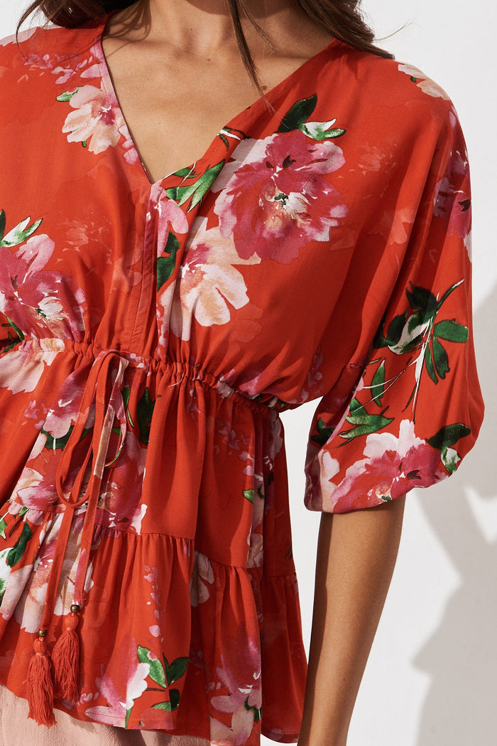 Ellen Top In Red And Pink Floral - detail