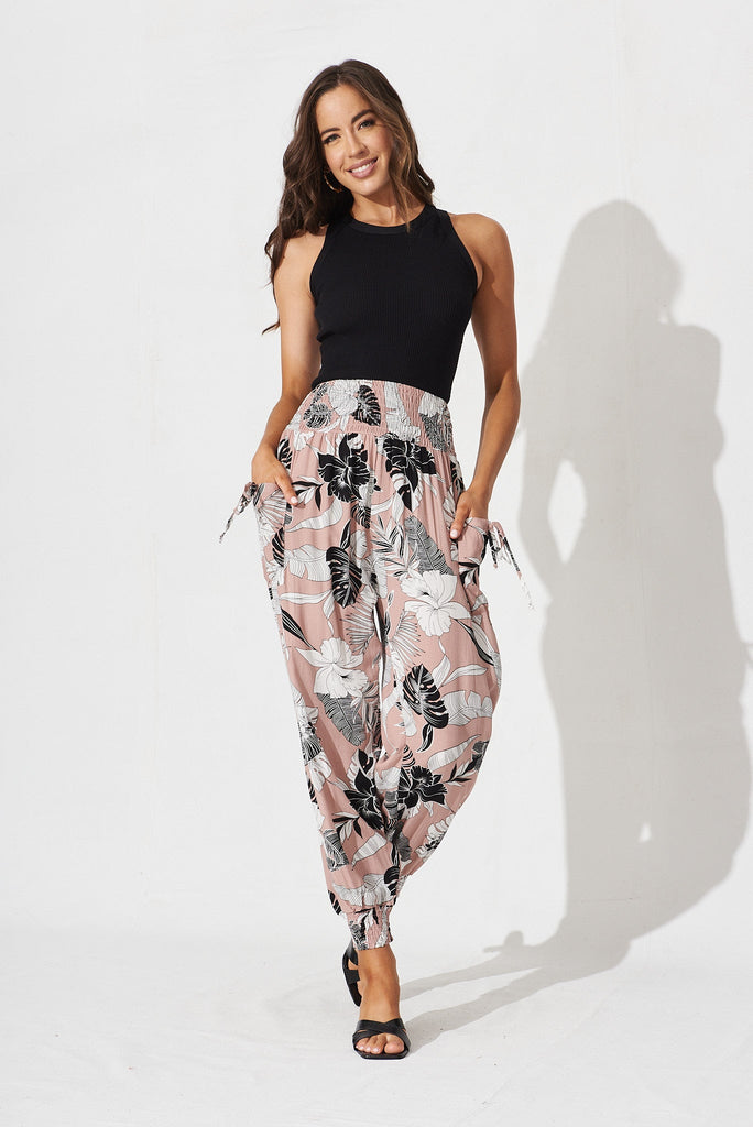 Gabby Lounge Pants In Pink With Black Floral - full length