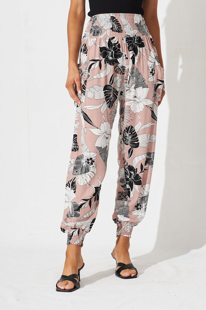 Gabby Lounge Pants In Pink With Black Floral - front
