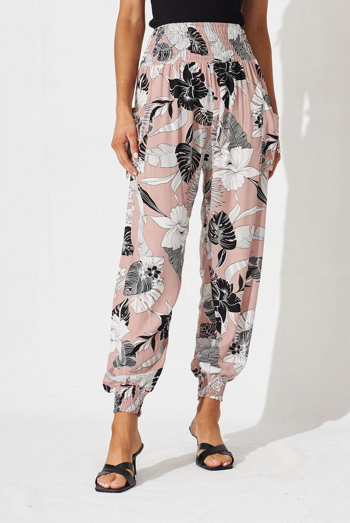 Gabby Lounge Pants In Pink With Black Floral - front