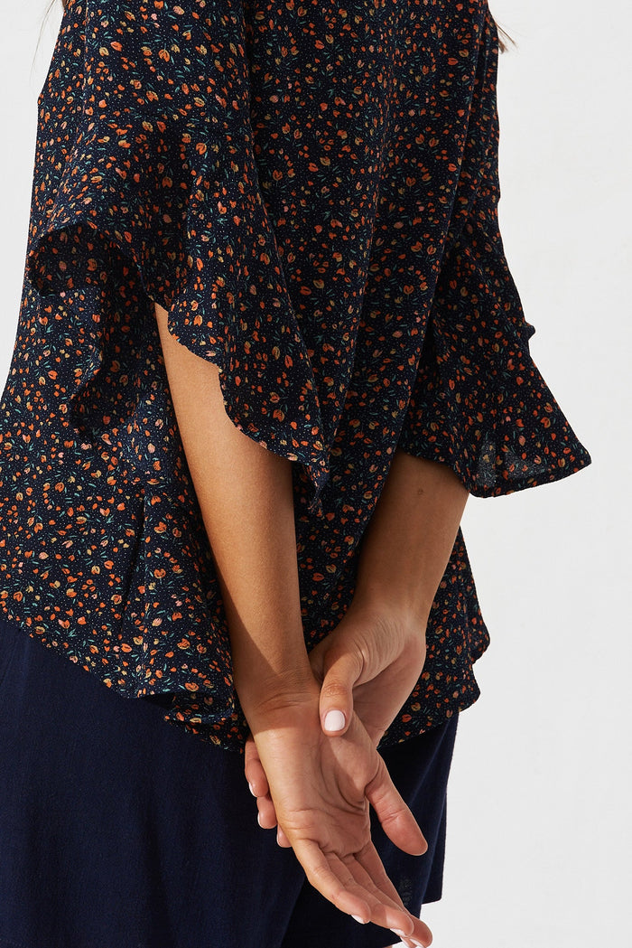Nila Top In Navy With Rust Ditsy Floral - detail