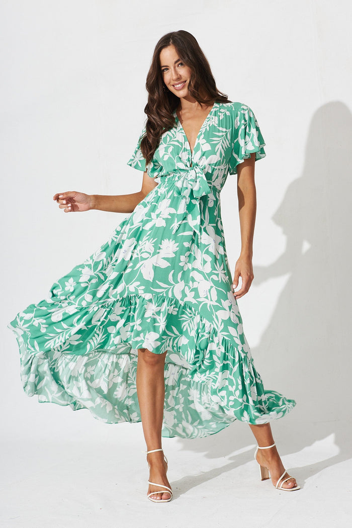Healy Maxi Dress In White With Green Floral - full length