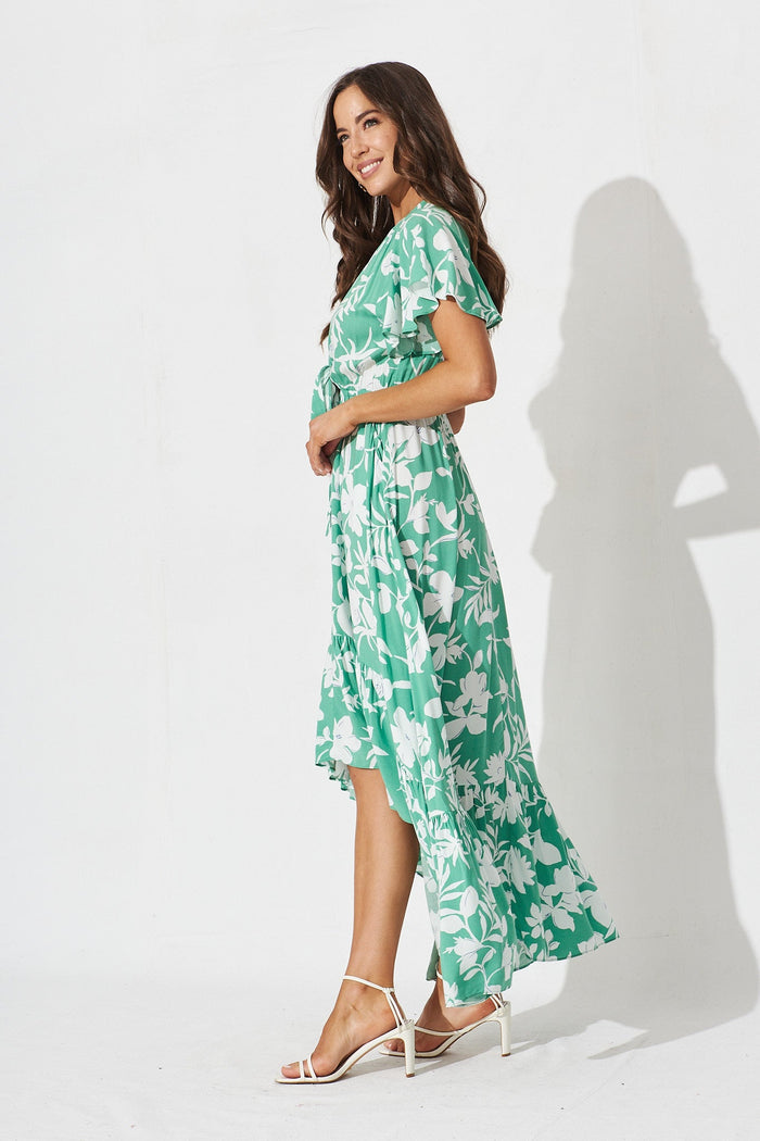 Healy Maxi Dress In White With Green Floral - side