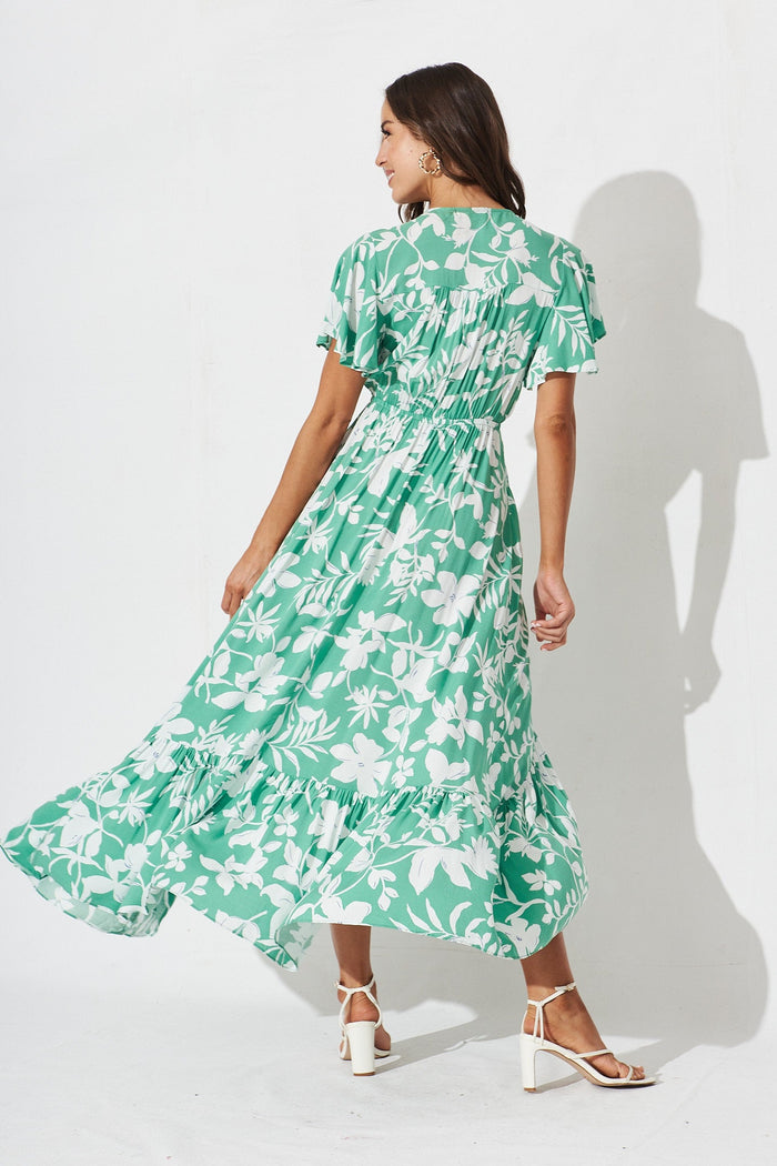 Healy Maxi Dress In White With Green Floral - back