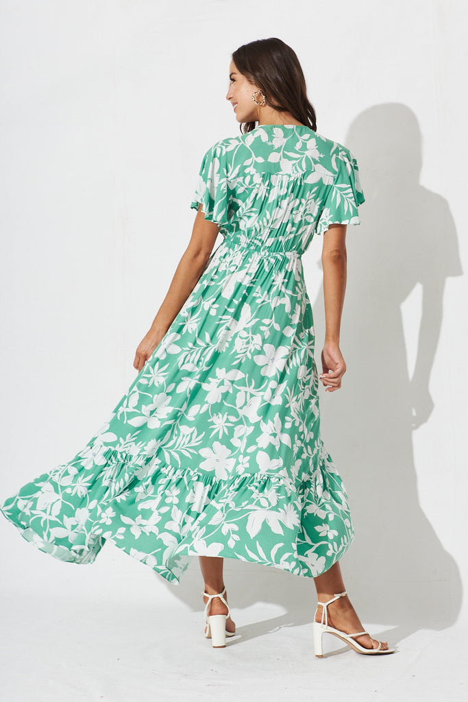 Healy Maxi Dress In White With Green Floral - back