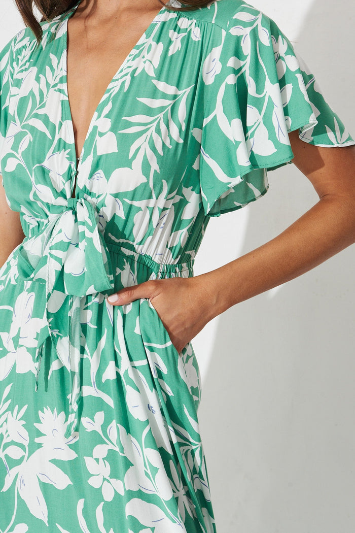 Healy Maxi Dress In White With Green Floral - detail